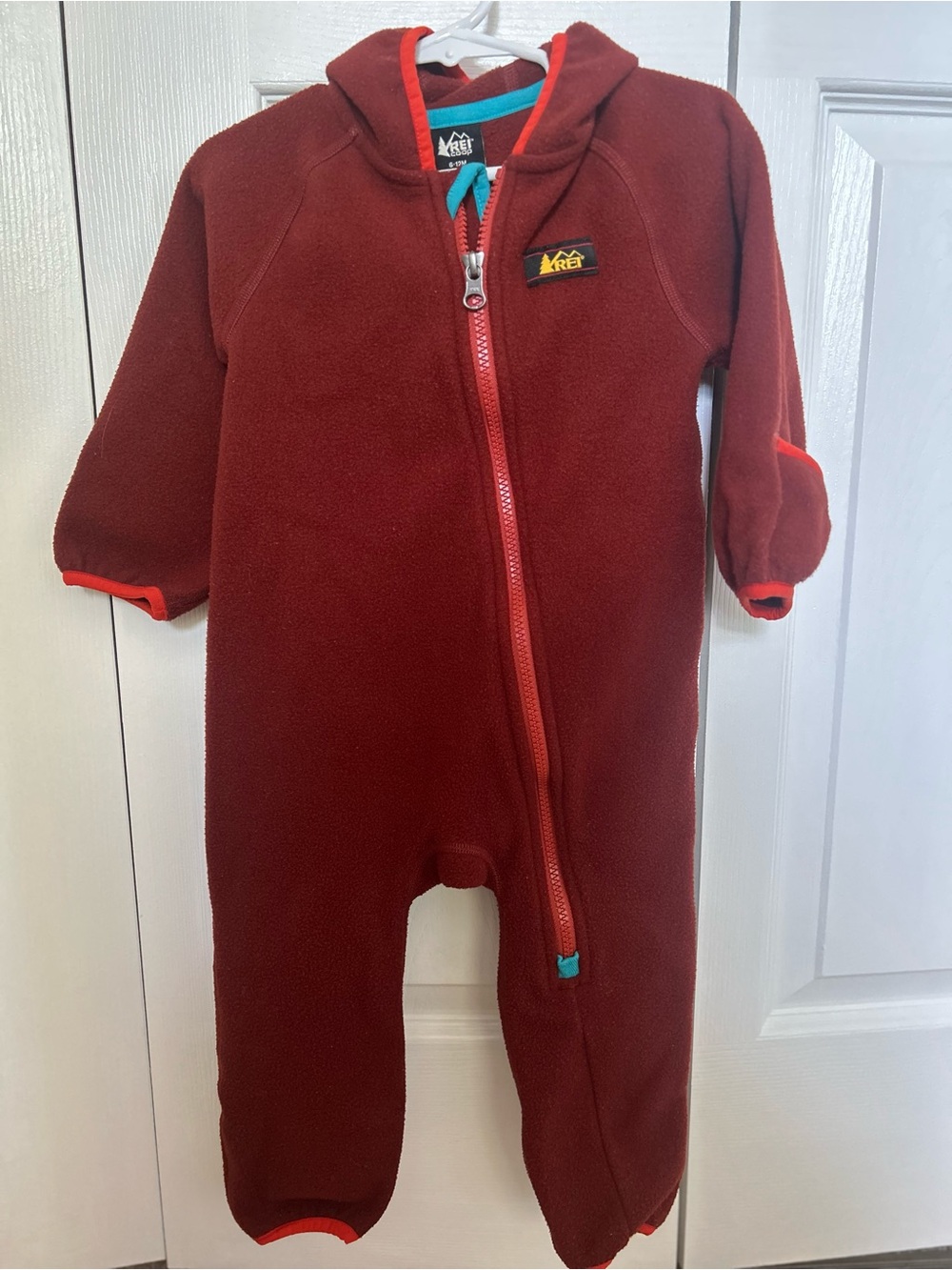 REI Maroon Kids Fleece Hooded Bunting One-Piece with Red Trim